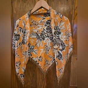 Floral Orange and Black Shawl with Beaded Fringe